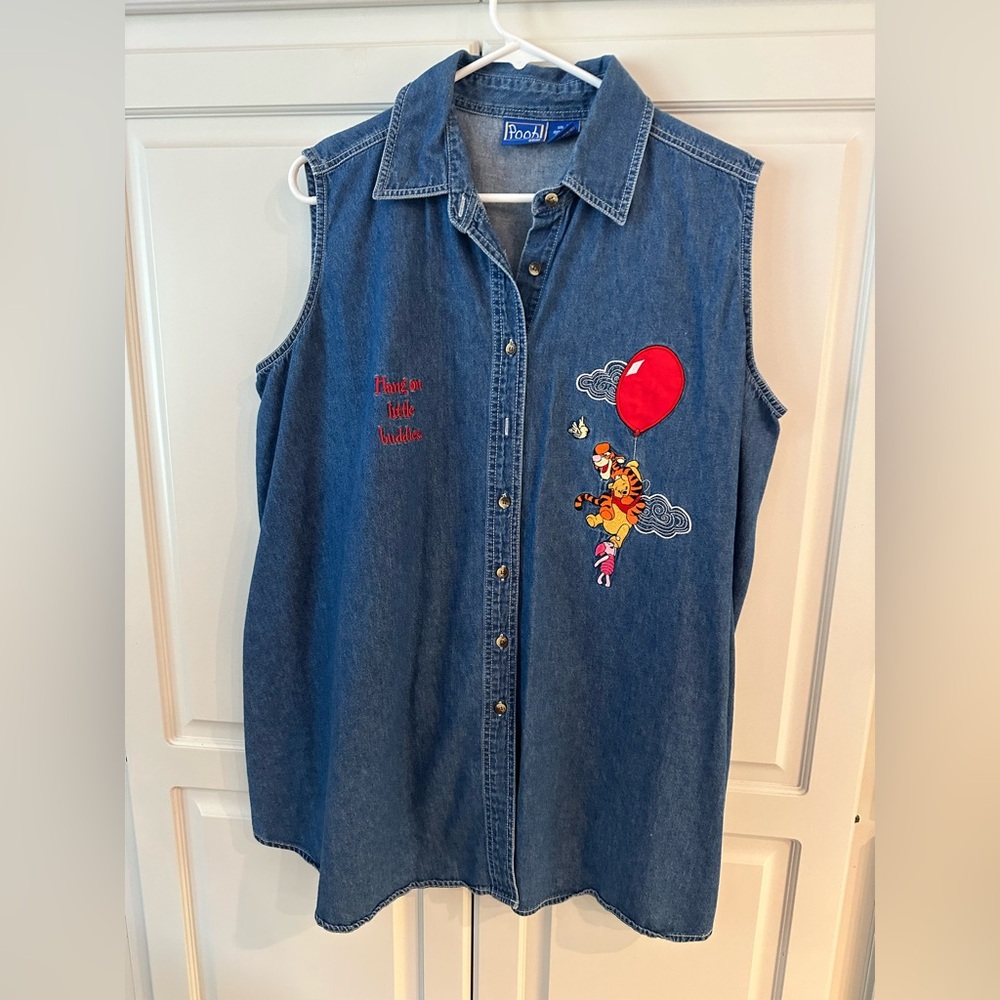 Disney Pooh Blue Denim Sleeveless Top Embroidered SZ~Large